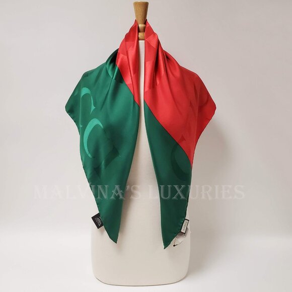 GUCCI SCARF GREEN RED WEB GG LOGO PRINT JACQUARD SILK TWILL FOULARD 35" - Picture 4 of 15